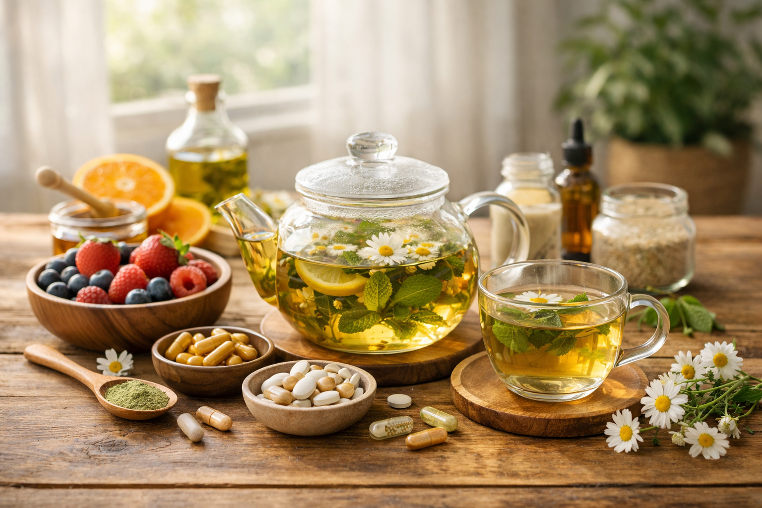 Peaceful morning scene with herbal tea, fresh fruits, and natural supplements on wooden table in soft natural light